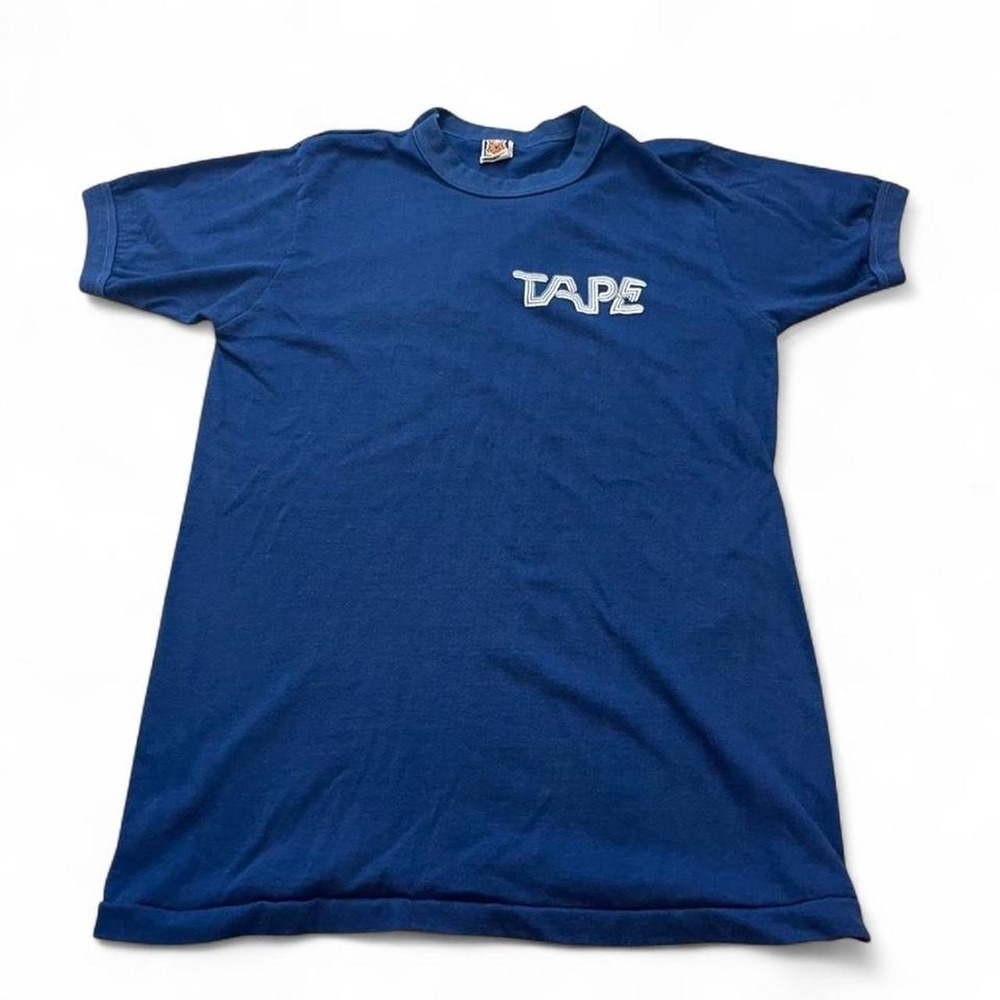 Royal blue vintage 90s sweatshirt with tape graphic on the front.
